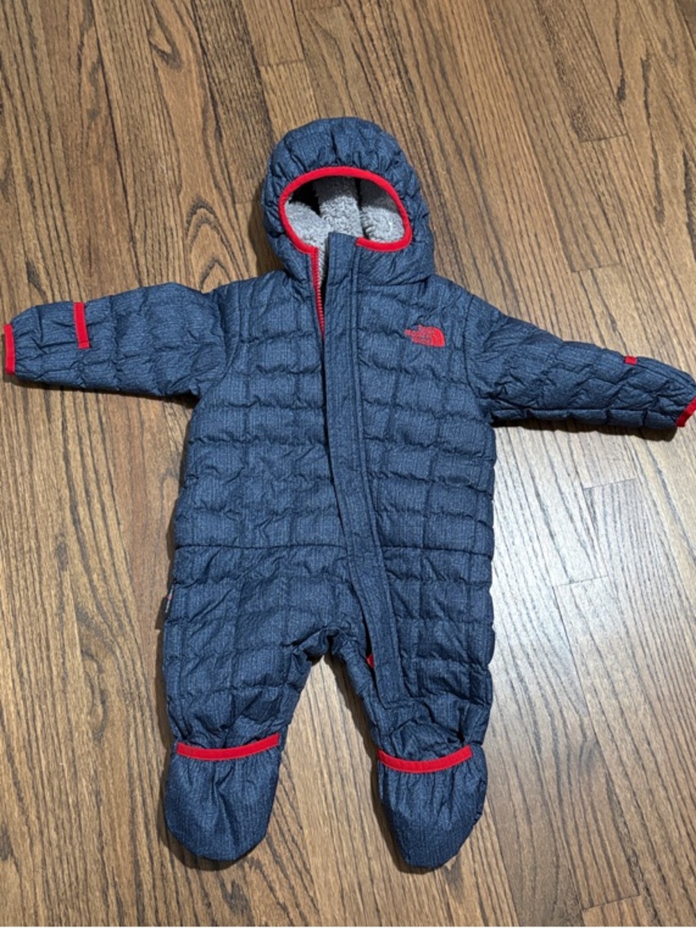 The North Face Thermoball Navy with Red trim Quilted Infant Hooded 3-6 Months
